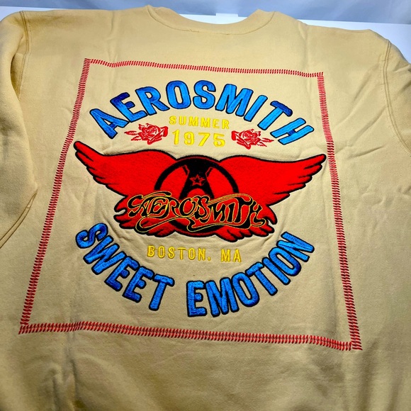 Crew Neck Sweatshirt Aerosmith Logo Front Back Sleeve Embroidered Tan XL - Picture 2 of 5